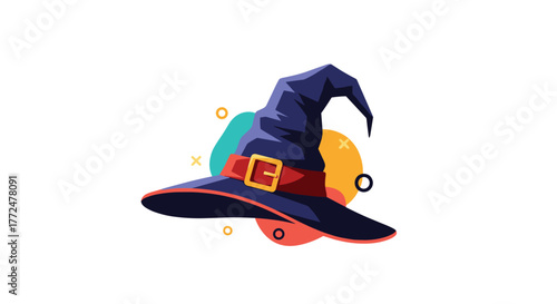 A stylized illustration of a classic dark blue witch hat with a red band and golden buckle, adorned with playful abstract shapes.