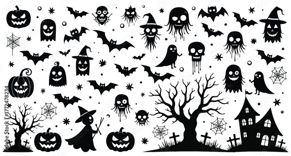 Naklejka premium Collection of Halloween silhouette icons and characters.