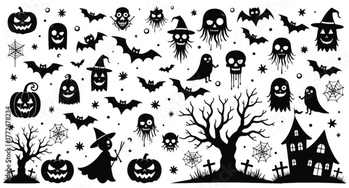 Collection of Halloween silhouette icons and characters.