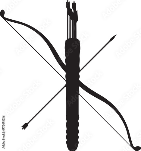 Black vector illustration of a bow and arrows set for archery isolated on white