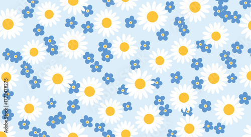 A cheerful and delicate floral pattern featuring white daisies and scattered blue forget-me-nots on a soft light blue background.