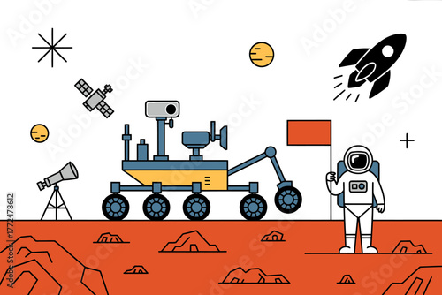Exploration of Mars with Rover Astronaut Flag and Rocket Outer Space Illustration Space Exploration Mission Concept