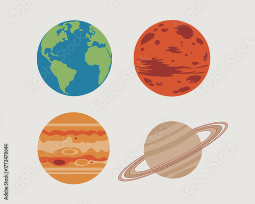 Cartoon Solar System Planets Earth Mars Jupiter Saturn Set against a Neutral Background for Educational Purposes and Childrens Illustrations