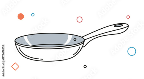 A sleek line art illustration of a metal frying pan with a handle, depicted on a clean white background with subtle abstract decorative elements.
