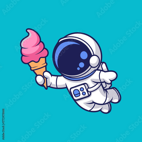 Astronaut Enjoying Ice Cream in Space Fun Cosmic Treat Cartoon Character in Zero Gravity Exploration and Sweet Delight