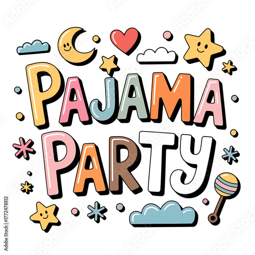 Colorful Pajama Party Illustration with Moon Stars and Heart Featuring Fun Sleepover Theme for Childrens Designs and Invitations
