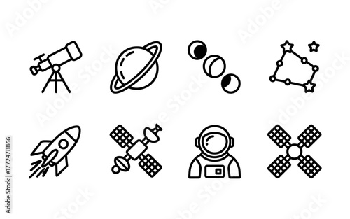 Space Exploration Icons Set with Telescope Planet Moon Phases Constellation Rocket Satellite and Astronaut in Outline Style