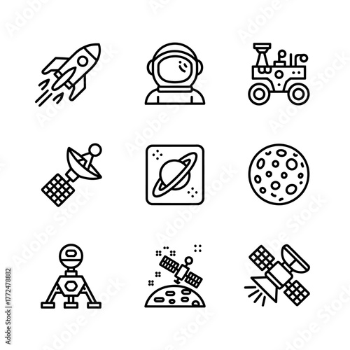 Space exploration icons set featuring rocket astronaut rover planet satellite and moon in minimalist black and white design
