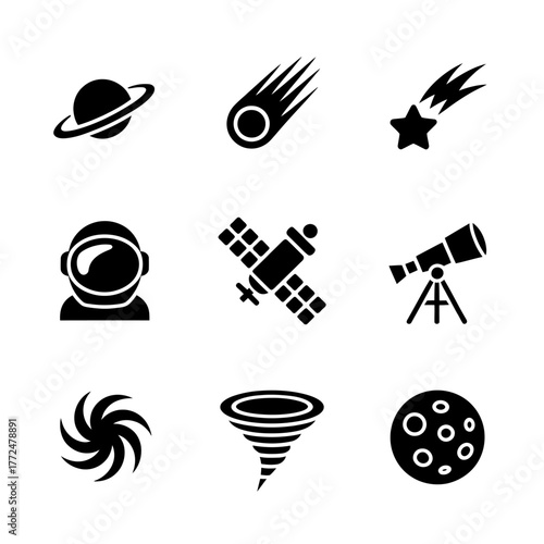 Space Exploration and Atmospheric Phenomena Icons Set Black and White Vector Illustration Design Resource Graphic Elements