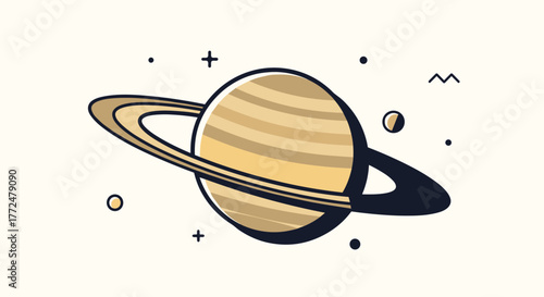 Stylized illustration of the planet Saturn with prominent rings and a small moon, surrounded by abstract cosmic elements on a light background.