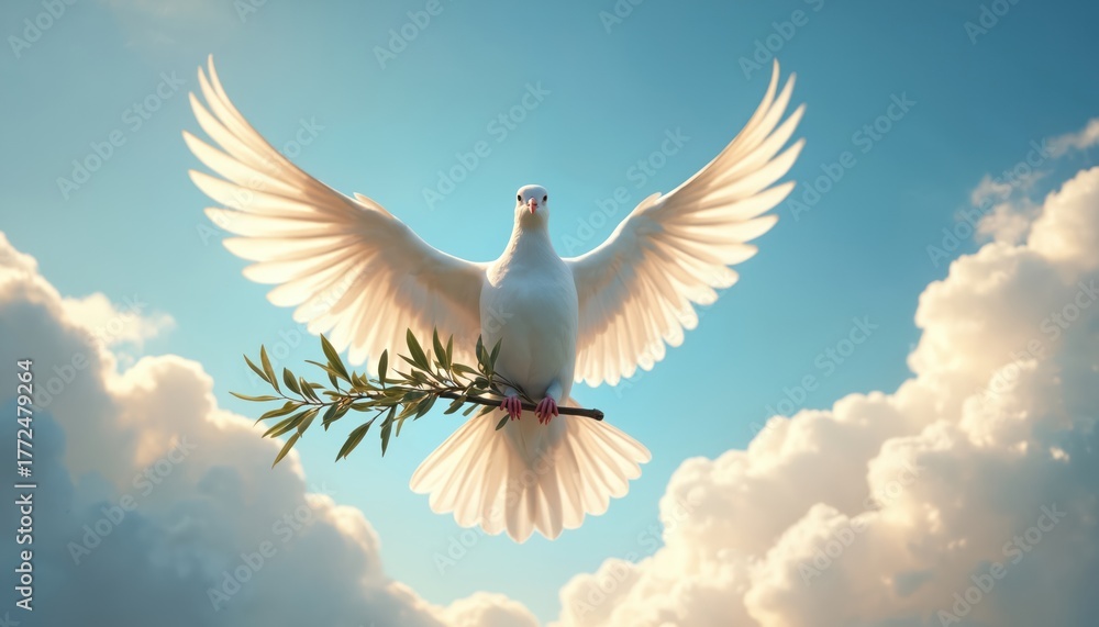 Fototapeta premium White dove flies in blue sky with fluffy clouds holding olive branch in beak. Bird spreads wings against sunlight. Symbol of peace, freedom, hope and harmony in nature.
