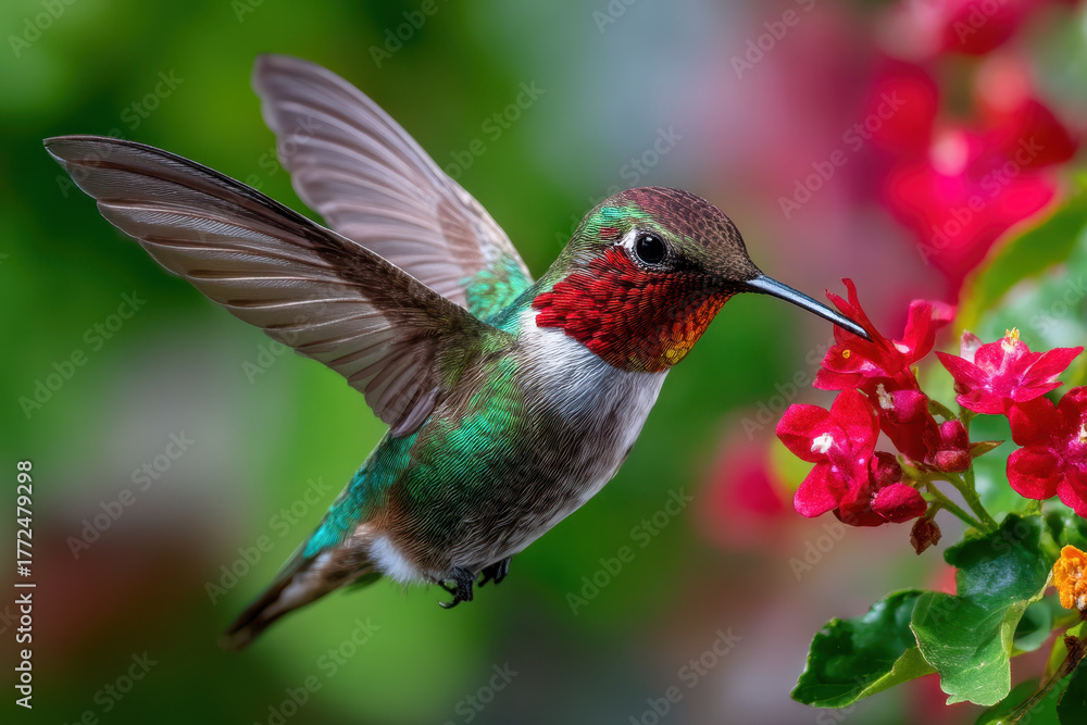 Fototapeta premium Hummingbird hovering near vibrant flowers in a lush garden during daylight