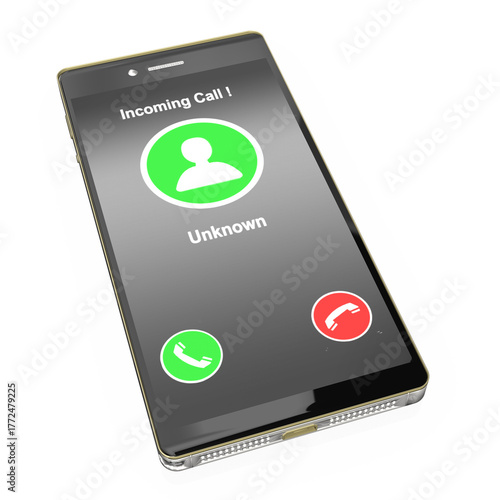 Smartphone mit Buzzer Stop zeigt Bildschirm eines unbekannten Anrufers oder Spamanruf auf transparenten Hintergrund, freigestellt
