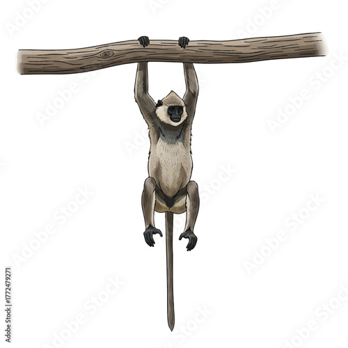 a thin-bodied langur hanging calmly from a branch in the canopy