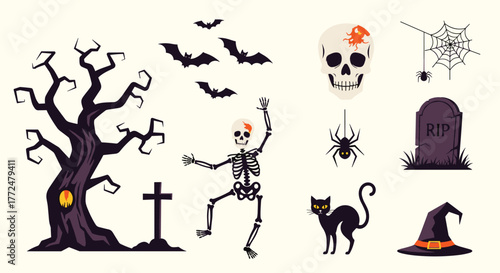 Set of Halloween icons with spooky tree, bats, dancing skeleton, skull, spiders, gravestones, black cat, and witch hat.