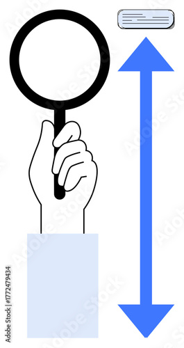 Hand grips magnifying glass, blue arrow points upward to document. Ideal for analysis, growth, research, focus, discovery, exploration investigation. A simple flat metaphor