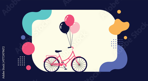 Delightful illustration of a stylish pink bicycle adorned with celebratory balloons, surrounded by abstract shapes.