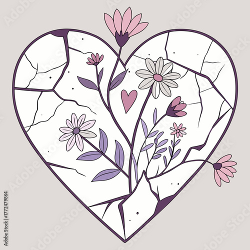 Cracked heart filled with blooming flowers and leaves in shades of pink and purple on a light background