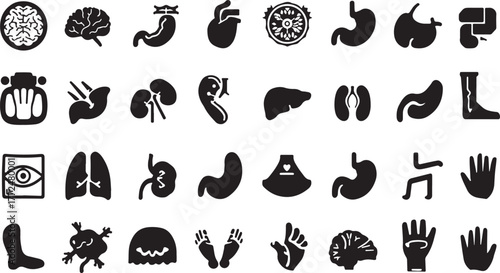 Black Silhouette Icons of Human Organs, Body Parts, and Abstract Shapes brain lung