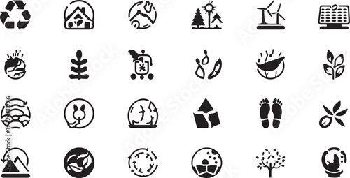 Collection of environmental and nature-themed icons in black and white recycle symbol house with leaf