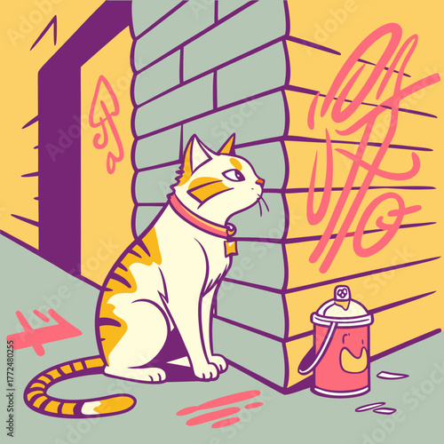 Cat with collar sitting near graffiti wall and spray paint can in an urban street setting cartoon style