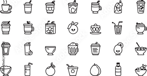Collection of Hand Drawn Icons Representing Drinks and Fruits in a Grid beverage coffee