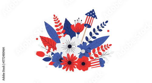 A festive bouquet of red, white, and blue flowers and leaves, featuring patriotic firecrackers, perfect for American celebrations.