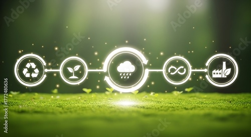 Digital icons representing sustainability and environmental concepts on green background