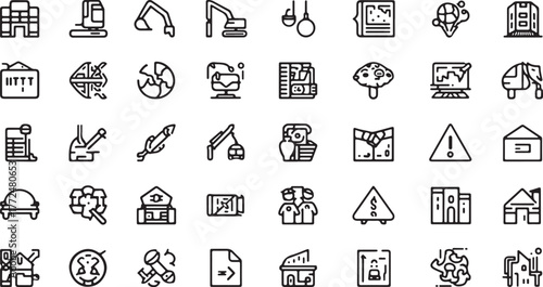 Collection of Outline Icons Representing Construction Transportation and Technology Concepts Keywords: construction, building, excavator, crane, truck, transportation, technology, computer, map