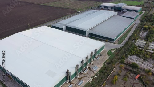 Aerial view to wheat depot and many trucks near to Burgas, Bulgaria