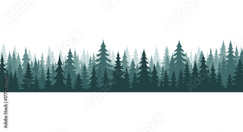 Silhouette of a winter forest with layers of evergreen pine and spruce trees in shades of teal and blue-green against a stark white background.