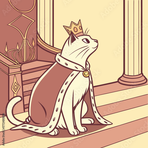 Illustration of a regal cat wearing a crown and cape sitting on a throne in a palace setting