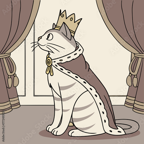 A regal cat sits adorned with a golden crown and a royal cape before a window with draped curtains