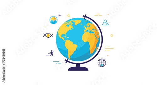 A vibrant illustration of an educational globe surrounded by abstract symbols representing various global concepts and fields of knowledge.