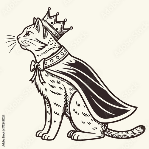 Illustration of a regal cat wearing a crown and cape with a bow tie in a vintage style design