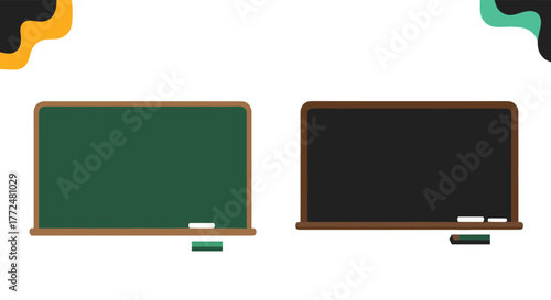 Two minimalist chalkboards, one green and one black, with chalk and erasers, set against a clean white background with abstract wavy shapes in the corners.