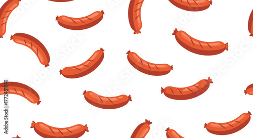 Seamless pattern of cartoon-style grilled sausages with distinct grill marks on a white background, ideal for food-related designs.
