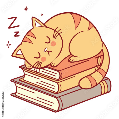 Orange tabby cat sleeping soundly on a stack of books with zzz and stars surrounding its head in cartoon style
