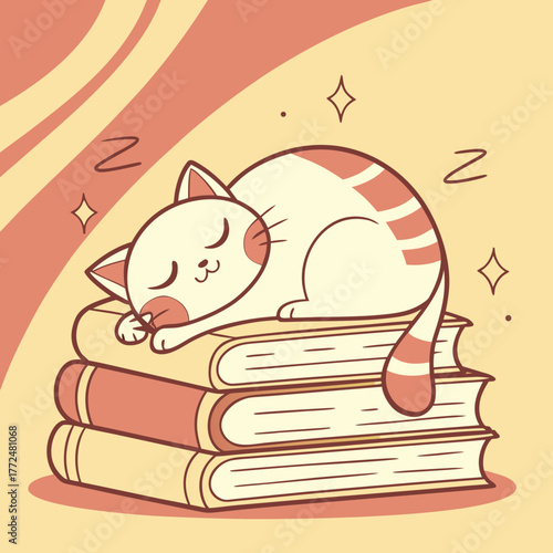 A cute cartoon cat with orange stripes is sleeping peacefully on a stack of books with stars around it
