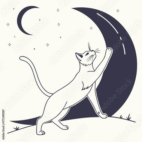 Illustration of a cat reaching for a crescent moon surrounded by stars in a night time scene