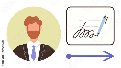 Man in suit and tie next to document signature. Ideal for business, approval, contracts, professionalism, management, legal work, authorization. Clean simple flat metaphor