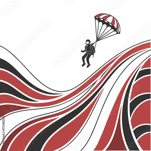 Illustration of a skydiver with a red and white parachute over abstract flowing lines and white background