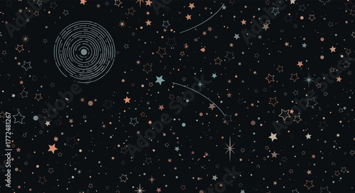 An abstract depiction of a dark, star-filled night sky with a stylized spiral galaxy, shooting stars, and twinkling celestial bodies.