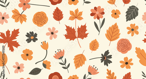 Charming seamless autumnal pattern with various stylized flowers and colorful fall leaves on a light cream background.