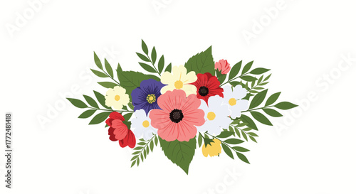 A beautifully arranged vector illustration featuring a vibrant bouquet of colorful spring and summer flowers with lush green leaves, perfect for decorative designs.
