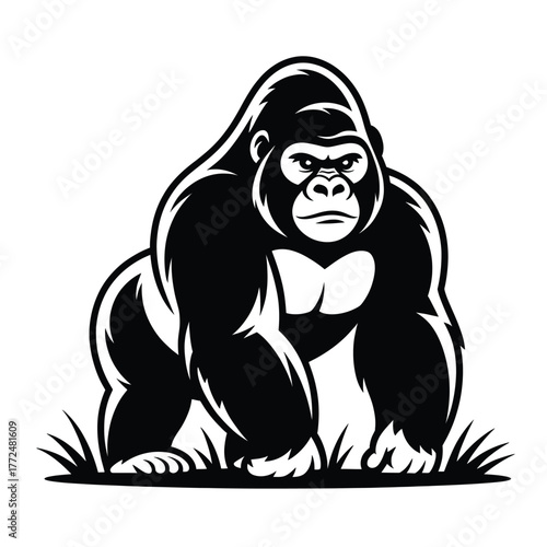 Black and white vector illustration of a gorilla in grass primate animal