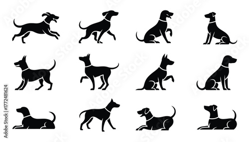 Twelve black dog silhouettes in various poses and actions white background animal