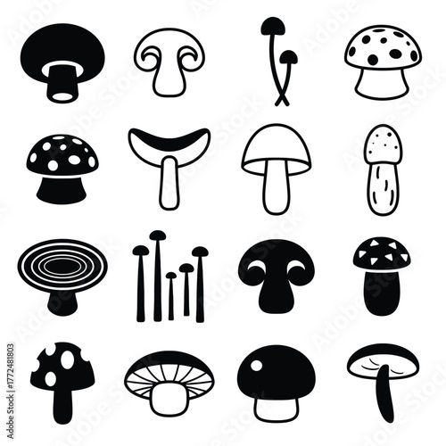 Collection of black and white mushroom icons and illustrations fungi food