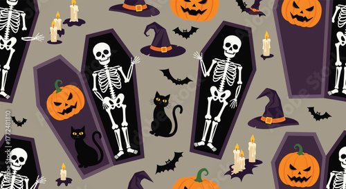 Spooky Halloween seamless pattern with skeletons in coffins, jack-o'-lanterns, black cats, witch hats, bats, and candles on a grey background.