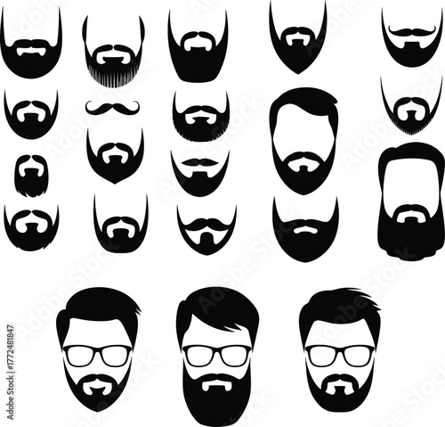 Collection of black beard and mustache styles vector icons facial hair